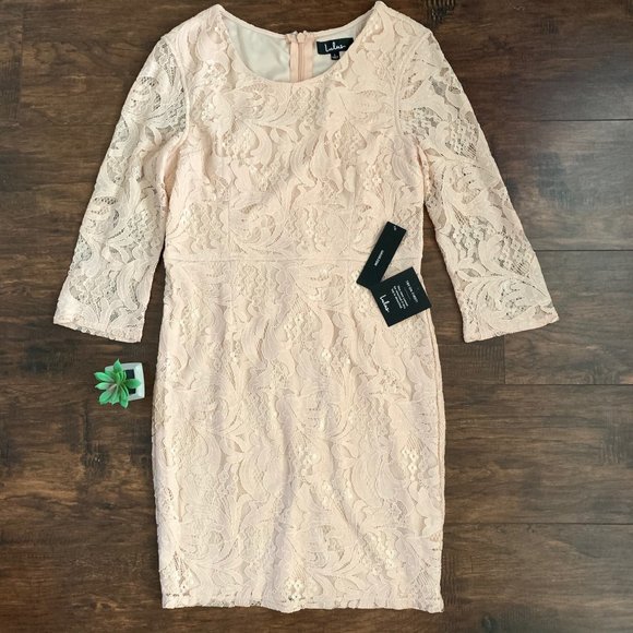 LULUS L/S Lace Scoop Neck Lined Sheath Midi Dress - Picture 1 of 10